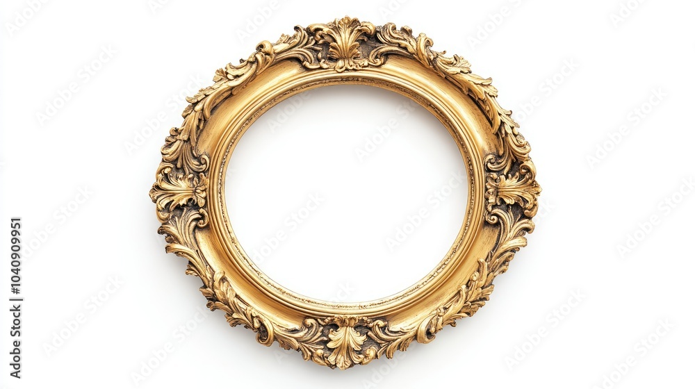An ornate gold oval frame with detailed baroque engravings, elegantly floating in a white space, with dramatic lighting enhancing its antique allure An ornate gold oval frame with detailed baroque engravings, elegantly floating in a white space, with dramatic lighting enhancing its antique allure