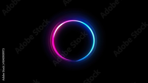 Abstract neon light circle with pink and blue glowing edges on black background.