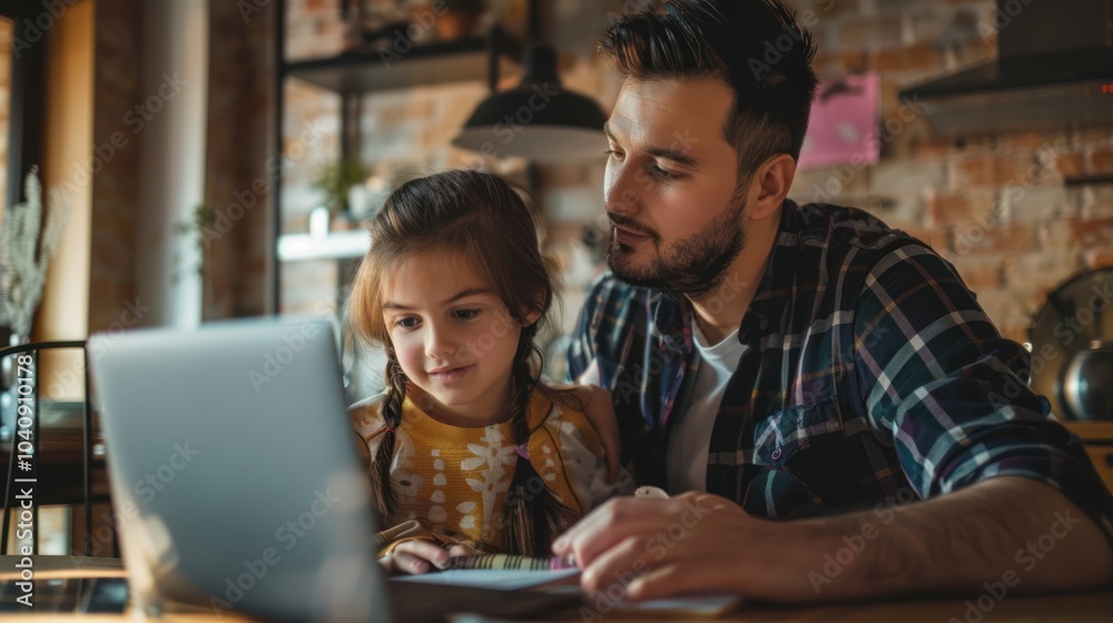 Portrait of cute disabled Schoolgirl and young father looking at laptop screen while sitting Portrait of cute disabled Schoolgirl and young father looking at laptop screen while sitting