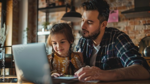 Portrait of cute disabled Schoolgirl and young father looking at laptop screen while sitting