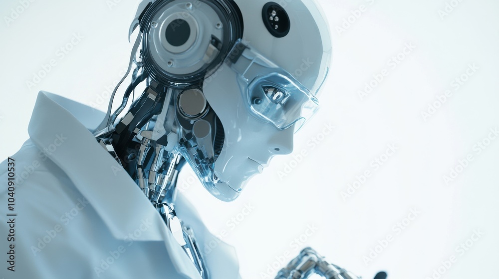 Fototapeta premium A humanoid robot scientist, advanced design with lab coat and scientific equipment, Innovative style