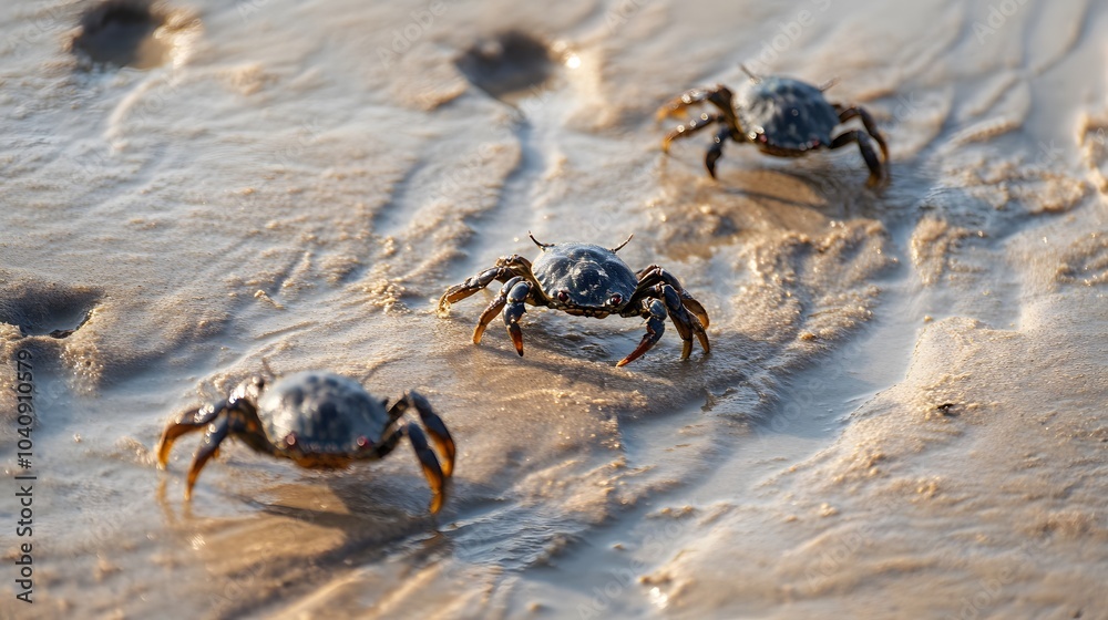 Fototapeta premium Three Crabs on Wet Sand at Low Tide