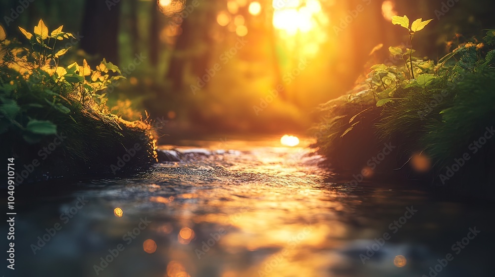 Golden Hour Stream in a Lush Forest