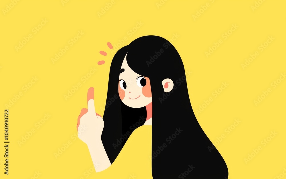 Cute girl with long black hair smiling and giving a thumbs up in a simple flat vector illustration on a yellow background Cute girl with long black hair smiling and giving a thumbs up in a simple flat vector illustration on a yellow background