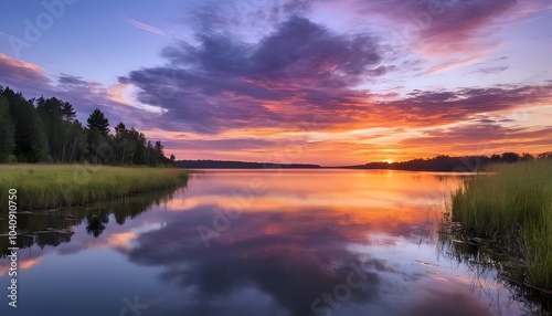 Serene Sunset Reflection on Calm Lake Waters. Generative AI