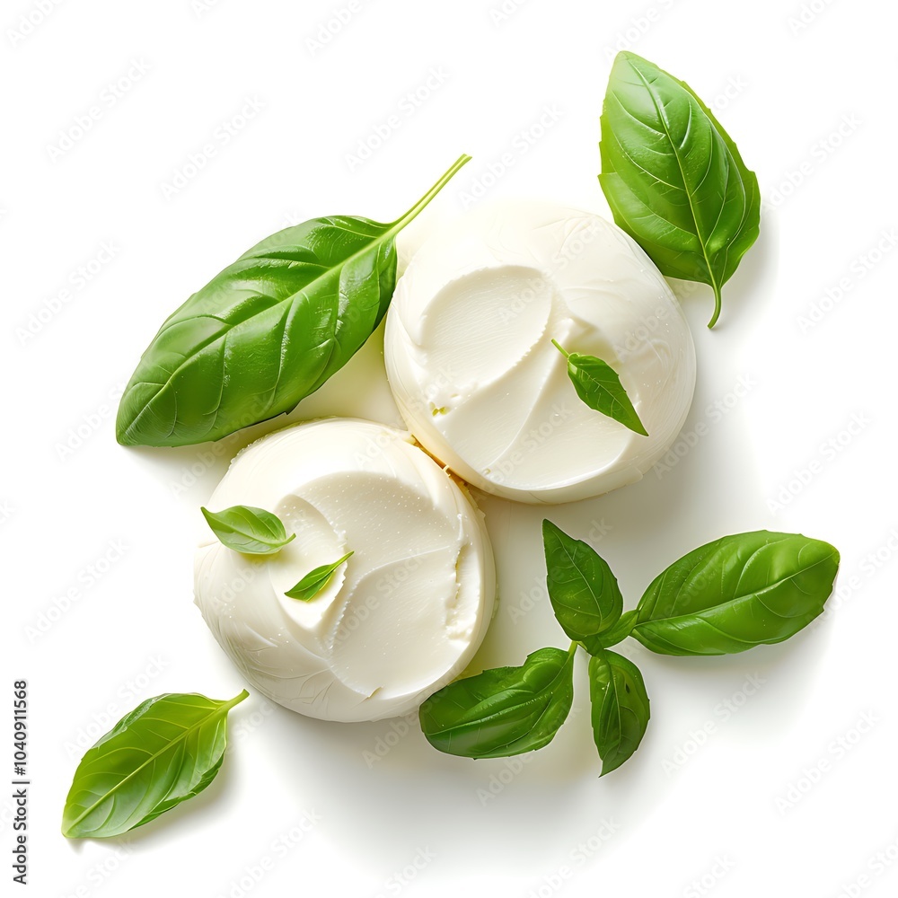 Obraz premium Mozzarella cheese, basil and spices isolated on white background.