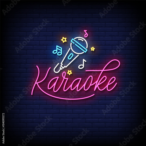 karaoke neon sign vector with brick wall background
