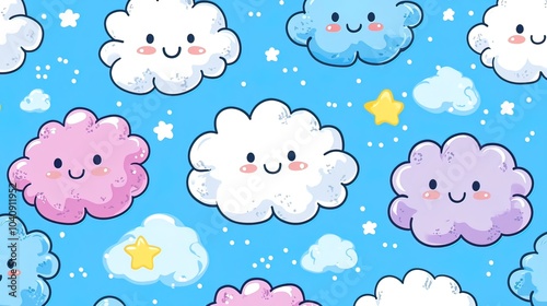 Cute Cartoon Clouds Pattern on Blue Sky