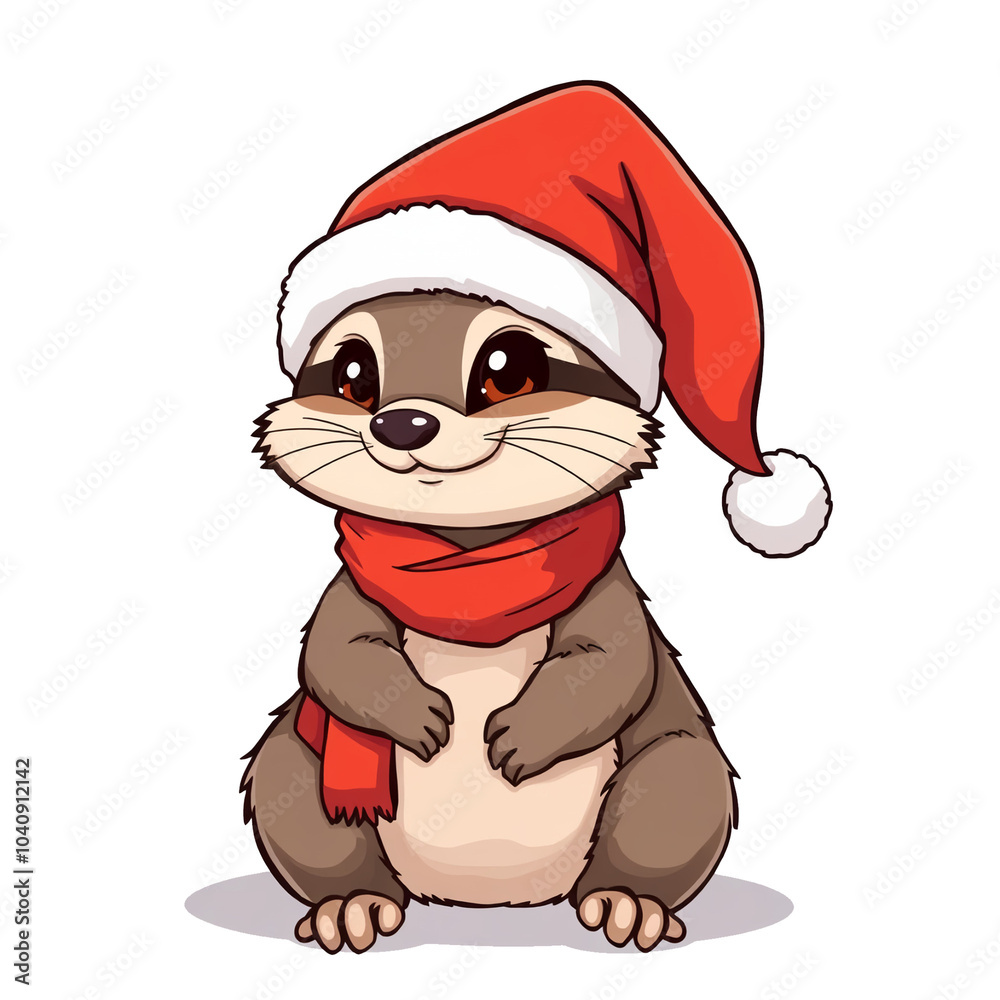 Cute Mongoose Christmas Santa Hat sits on a cartoon vector art white background Cute Mongoose Christmas Santa Hat sits on a cartoon vector art white background