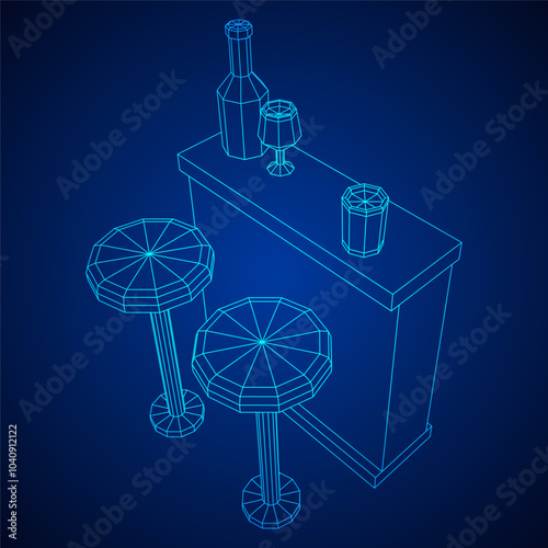 Bar counter with stools, bar top with bottles and glasses. Wireframe low poly mesh vector illustration.