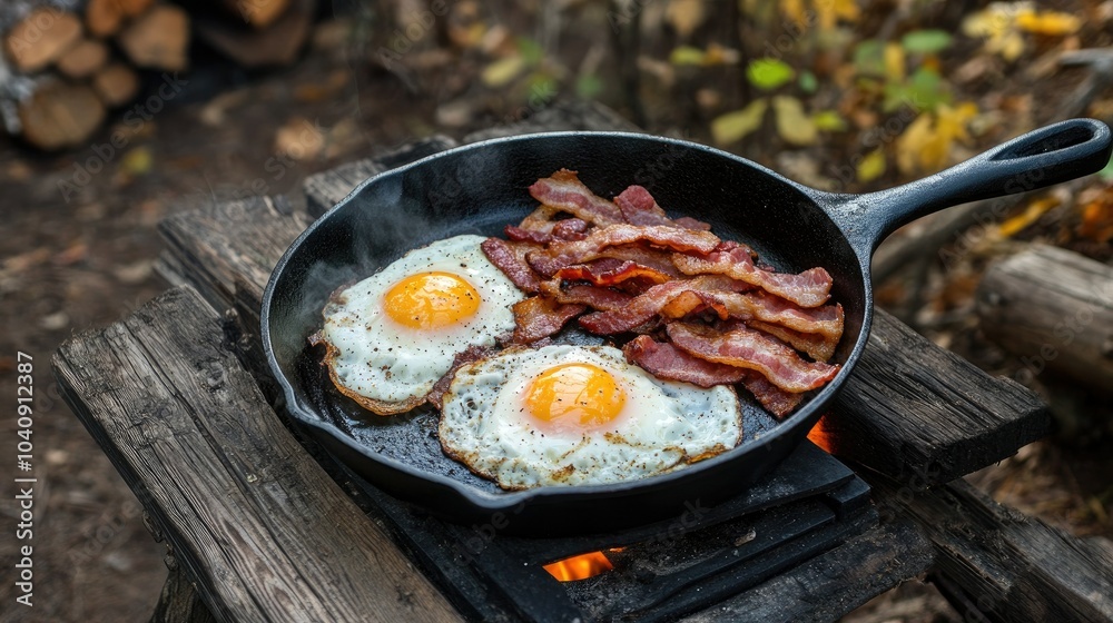 Cast iron pan with sizzling bacon and eggs, set over a campfire. Camping breakfast scene with a forest and dawn light in the background. Cast iron pan with sizzling bacon and eggs, set over a campfire. Camping breakfast scene with a forest and dawn light in the background.