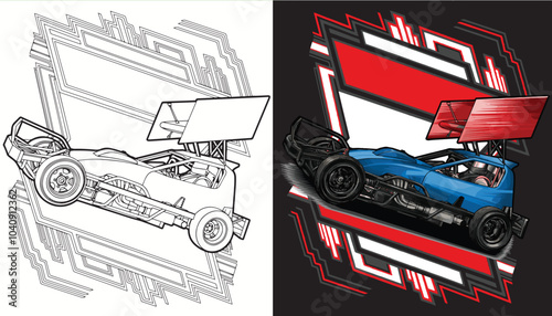 Outline blue and painted racing car. Isolated in black background, for t-shirt design, print, and for business purposes.