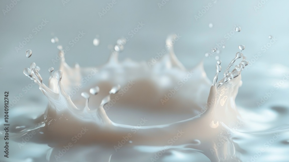 Circular milk splash in mid-air, with droplets frozen around it, creating a perfect ring shape. Circular milk splash in mid-air, with droplets frozen around it, creating a perfect ring shape.