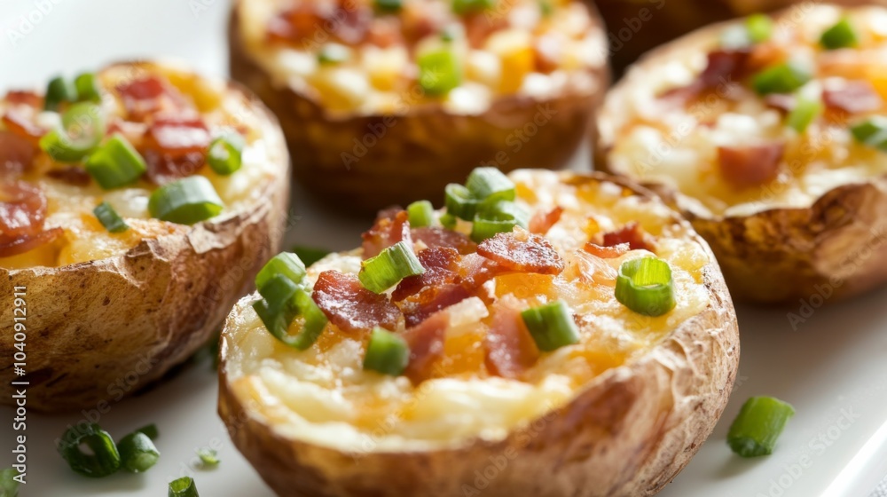 Elegant Potato Skins with Vibrant Toppings on White Background Elegant Potato Skins with Vibrant Toppings on White Background