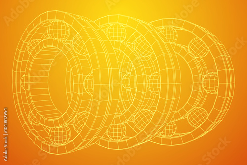 Roller bearing. Circular round rotating bearings used in industry for heavy equipment mechanical work and engineering. Wireframe low poly mesh vector illustration.