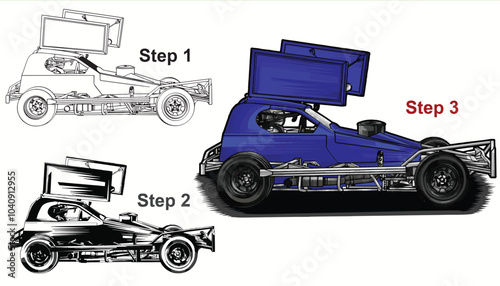 Outline black and painted racing car. Isolated in black background, for t-shirt design, print. and for business purposes.