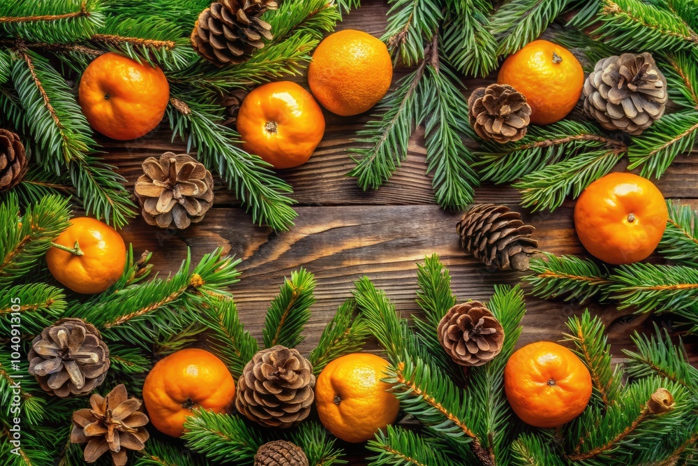 Aerial Christmas Border Decorations Featuring Tangerines, Pine Cones, and Evergreen Foliage for a Festive Holiday Atmosphere Aerial Christmas Border Decorations Featuring Tangerines, Pine Cones, and Evergreen Foliage for a Festive Holiday Atmosphere