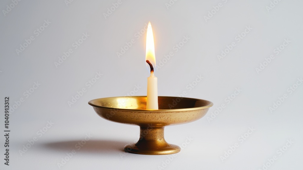 A single Hanukkah candle burning brightly in a simple brass holder, isolated against a clean white background, creating a peaceful scene A single Hanukkah candle burning brightly in a simple brass holder, isolated against a clean white background, creating a peaceful scene