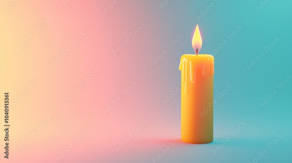 3D render of a single lit Hanukkah candle on a pastel background, representing warmth and tradition in a modern, minimalist style 3D render of a single lit Hanukkah candle on a pastel background, representing warmth and tradition in a modern, minimalist style