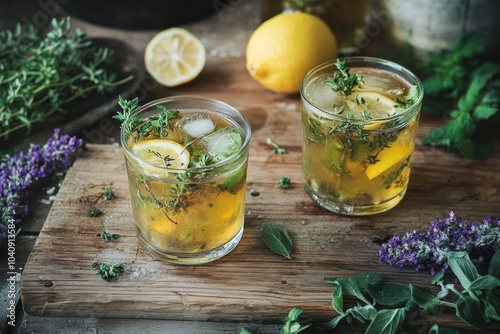 Two glasses of iced tea with lemon and thyme on a wooden board.