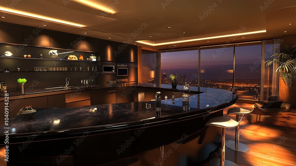 Modern Kitchen with Nighttime City View Modern Kitchen with Nighttime City View