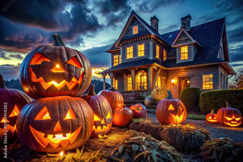 Glowing pumpkins cast eerie shadows, perfect for Halloween decor. Glowing pumpkins cast eerie shadows, perfect for Halloween decor.