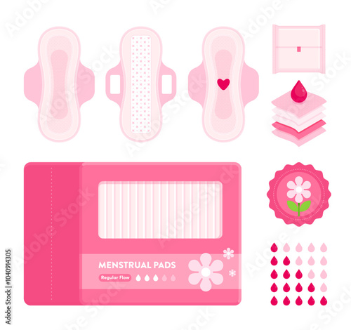 Set of disposable regular flow menstrual pads, absorbent layers, and packaging in pink. Women's health, personal care, period, hygiene concept. Flat vector illustration isolated on a white background