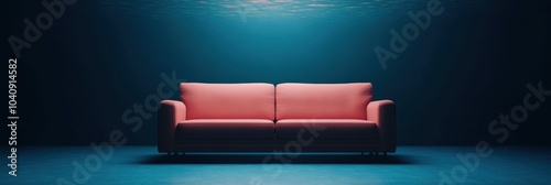 Pink Sofa in a Dark Room with Underwater Lighting, A Surreal and Minimalist Interior Design Concept