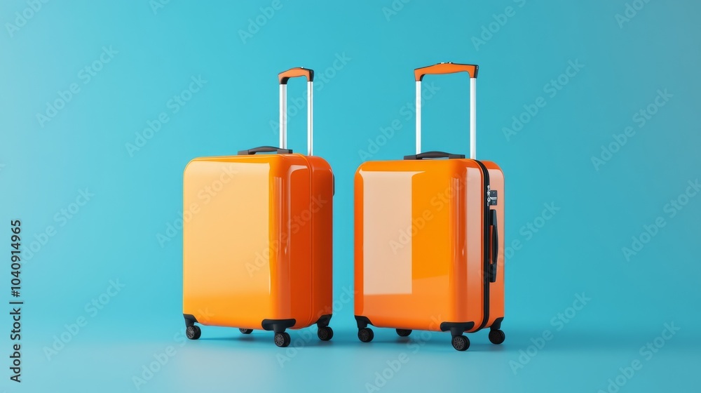 2410 69.A pair of bright orange suitcases with telescopic handles, shown in a clean 3D vector illustration. The suitcases have a shiny finish, and their spinner wheels are perfectly aligned, 2410 69.A pair of bright orange suitcases with telescopic handles, shown in a clean 3D vector illustration. The suitcases have a shiny finish, and their spinner wheels are perfectly aligned,