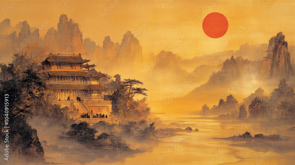 Obraz premium Sunrise in the mountains, distant palace