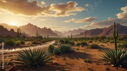 A desert landscape transformed by innovative irrigation systems and sustainable agriculture, bringing greenery back to the land. (SDG 15: Life on Land)