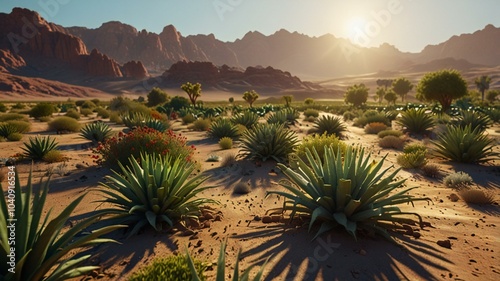 A desert landscape transformed by innovative irrigation systems and sustainable agriculture, bringing greenery back to the land. (SDG 15: Life on Land)