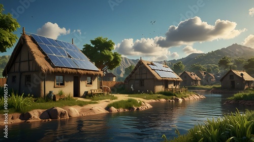 A village using water filtration systems powered by wind and solar energy, ensuring access to clean water for all. (SDG 6: Clean Water and Sanitation)