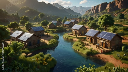 A village using water filtration systems powered by wind and solar energy, ensuring access to clean water for all. (SDG 6: Clean Water and Sanitation)