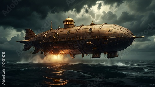 A steampunk airship floating over a stormy sea
