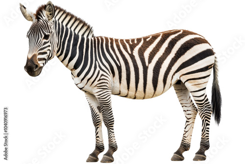 A striking zebra standing gracefully, isolate on white background, showcasing its unique stripes. PNG