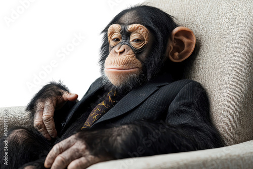 An elegant chimpanzee in a suit, isolate on white background, blending wildness with sophistication. PNG photo