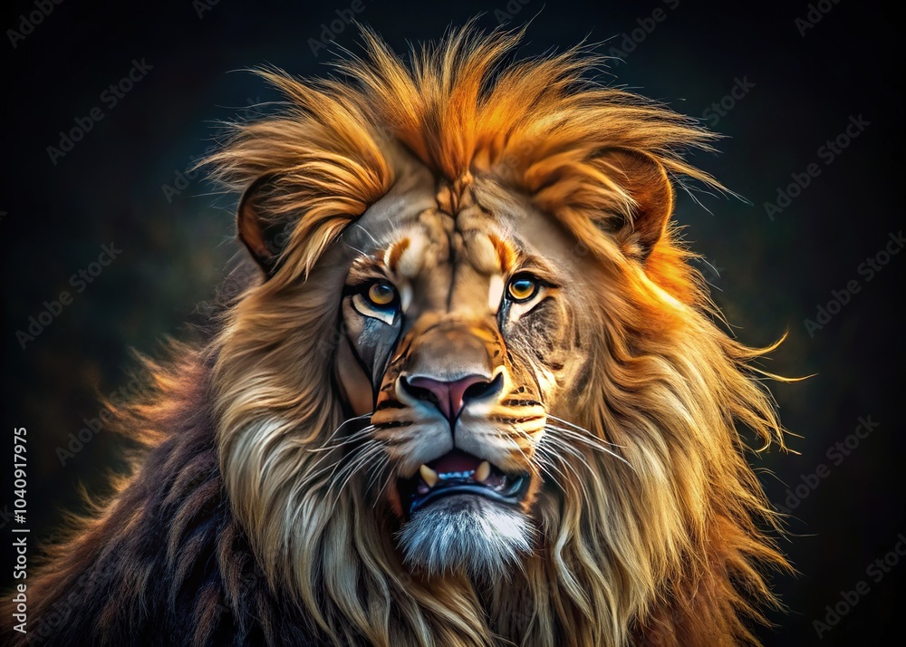Fototapeta premium Low light illuminates the lion's power, revealing its hidden beauty.