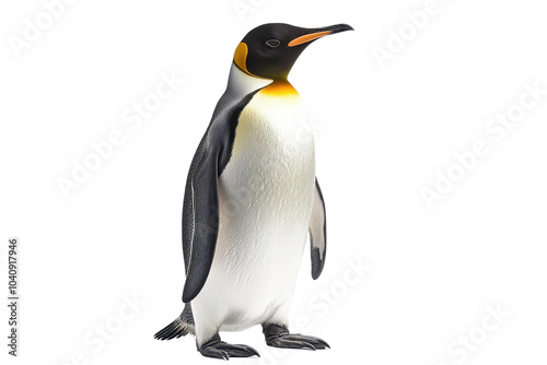 A penguin standing tall, isolate on white background, with its black and white feathers sleek and shiny. PNG