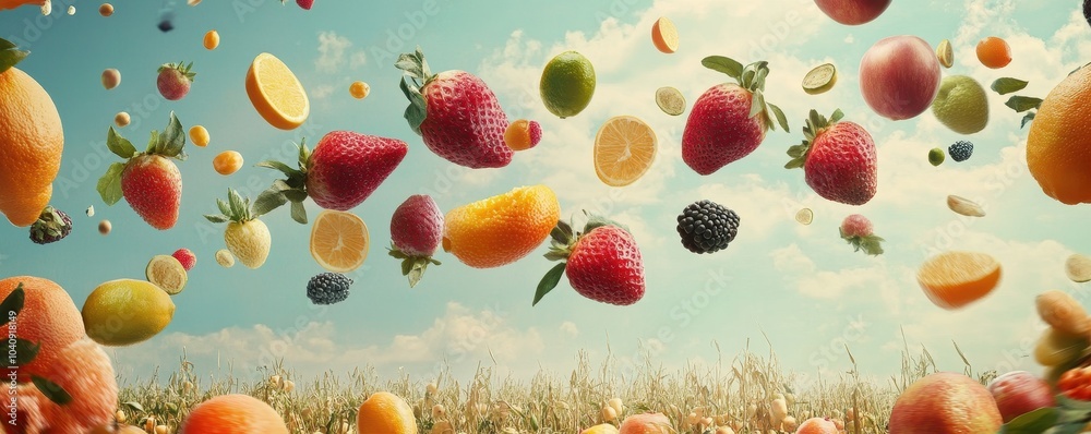 A vibrant array of fruits floats against a blue sky, creating a colorful and whimsical scene that captures the essence of nature's bounty. A vibrant array of fruits floats against a blue sky, creating a colorful and whimsical scene that captures the essence of nature's bounty.