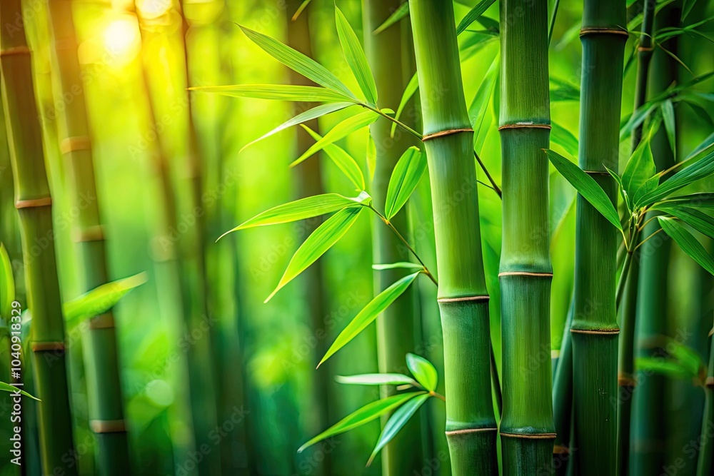 Fototapeta premium Close-Up of a Bamboo Plant with Lush Green Leaves and Textured Stems in High Depth of Field, Showcasing Nature's Beauty and Tranquility for Relaxation and Aesthetic Purposes