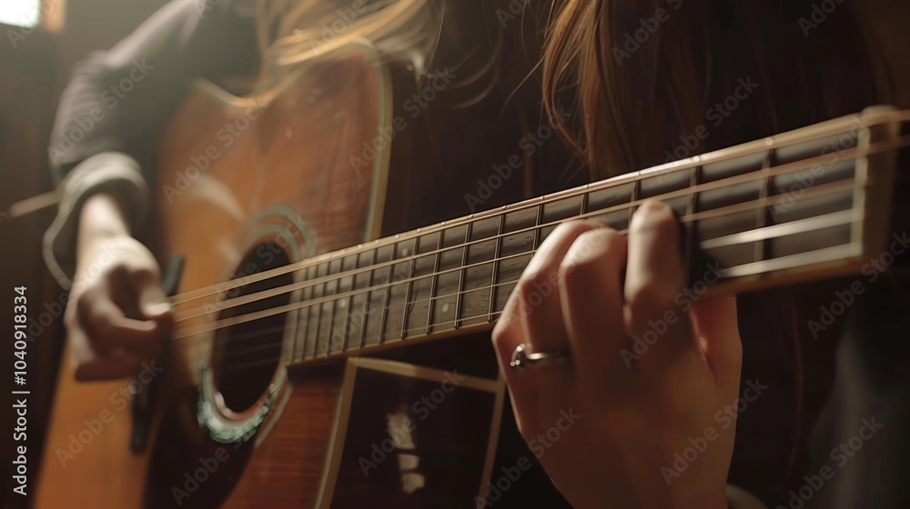 Fototapeta premium Acoustic guitar played by a girl, AI generated image