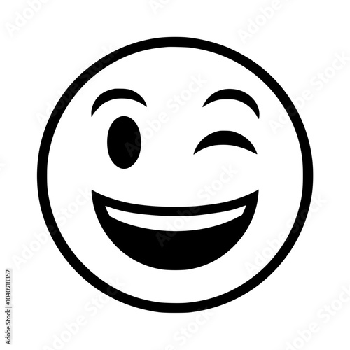 Winking Smiley Face Emoji Icon Illustration, Simple black-and-white winking smiley face emoji, conveying a playful and cheerful expression, ideal for messaging and social media.

