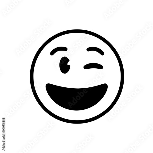 Winking Smiley Face Emoji Icon Illustration, Simple black-and-white winking smiley face emoji, conveying a playful and cheerful expression, ideal for messaging and social media.

