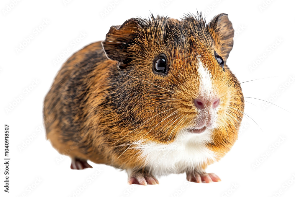A guinea pig standing adorably, isolate on white background, showcasing its soft fur and round features. PNG A guinea pig standing adorably, isolate on white background, showcasing its soft fur and round features. PNG