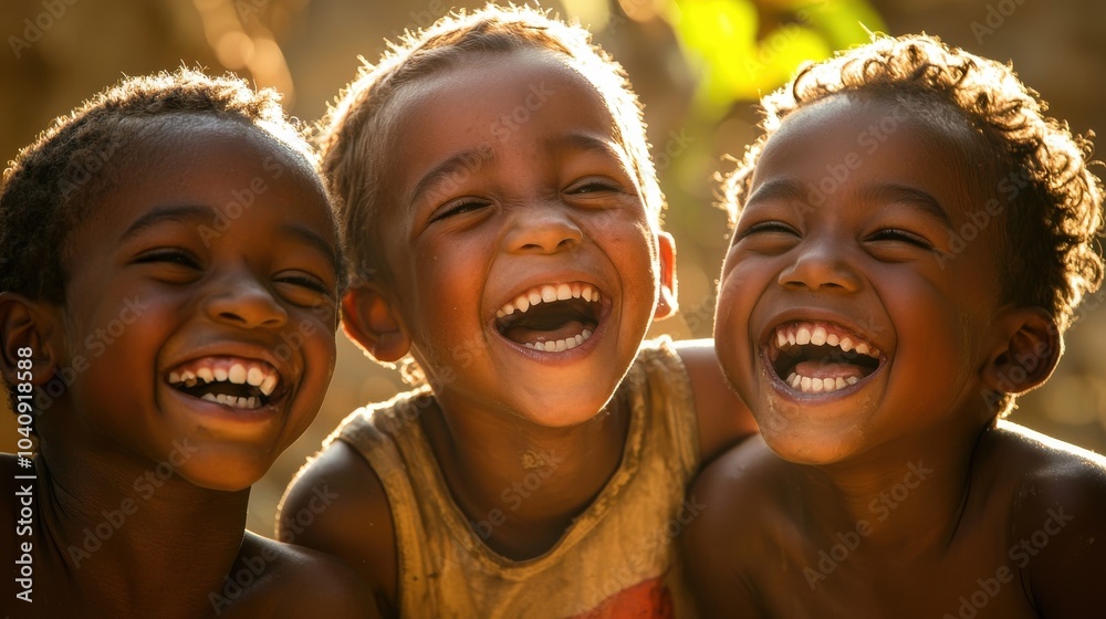 Three joyful children laughing together, radiating happiness and warmth in a natural, sunlit environment. Three joyful children laughing together, radiating happiness and warmth in a natural, sunlit environment.