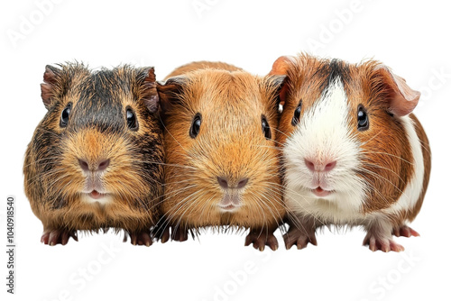 A family of guinea pigs, isolate on white background, standing together with playful and loving expressions. PNG