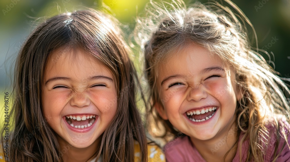 Fototapeta premium Two young girls are joyfully laughing together, showcasing bright smiles and playful camaraderie against a soft, natural background.