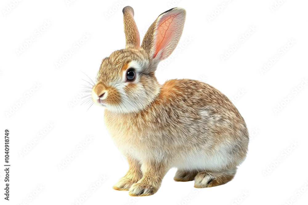 A rabbit standing adorably, isolate on white background, with fluffy fur and long ears. PNG