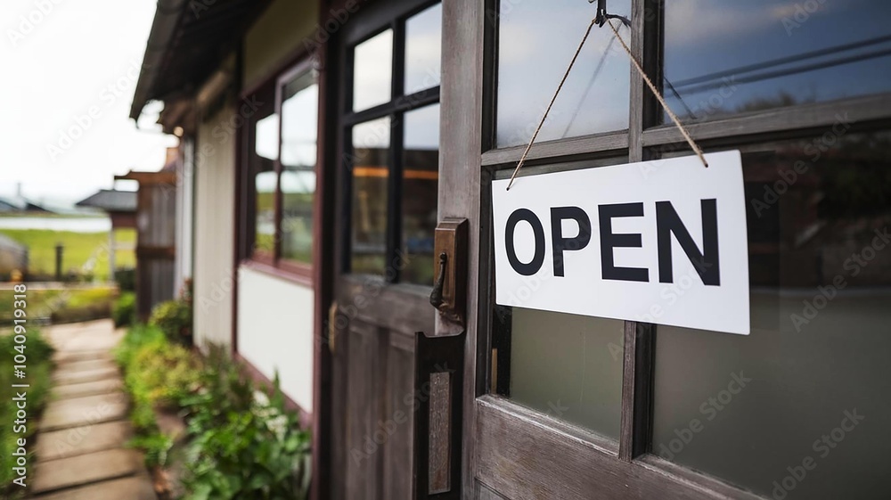 A welcoming shop entrance with an 'OPEN' sign, inviting customers to enter and explore. A welcoming shop entrance with an 'OPEN' sign, inviting customers to enter and explore.
